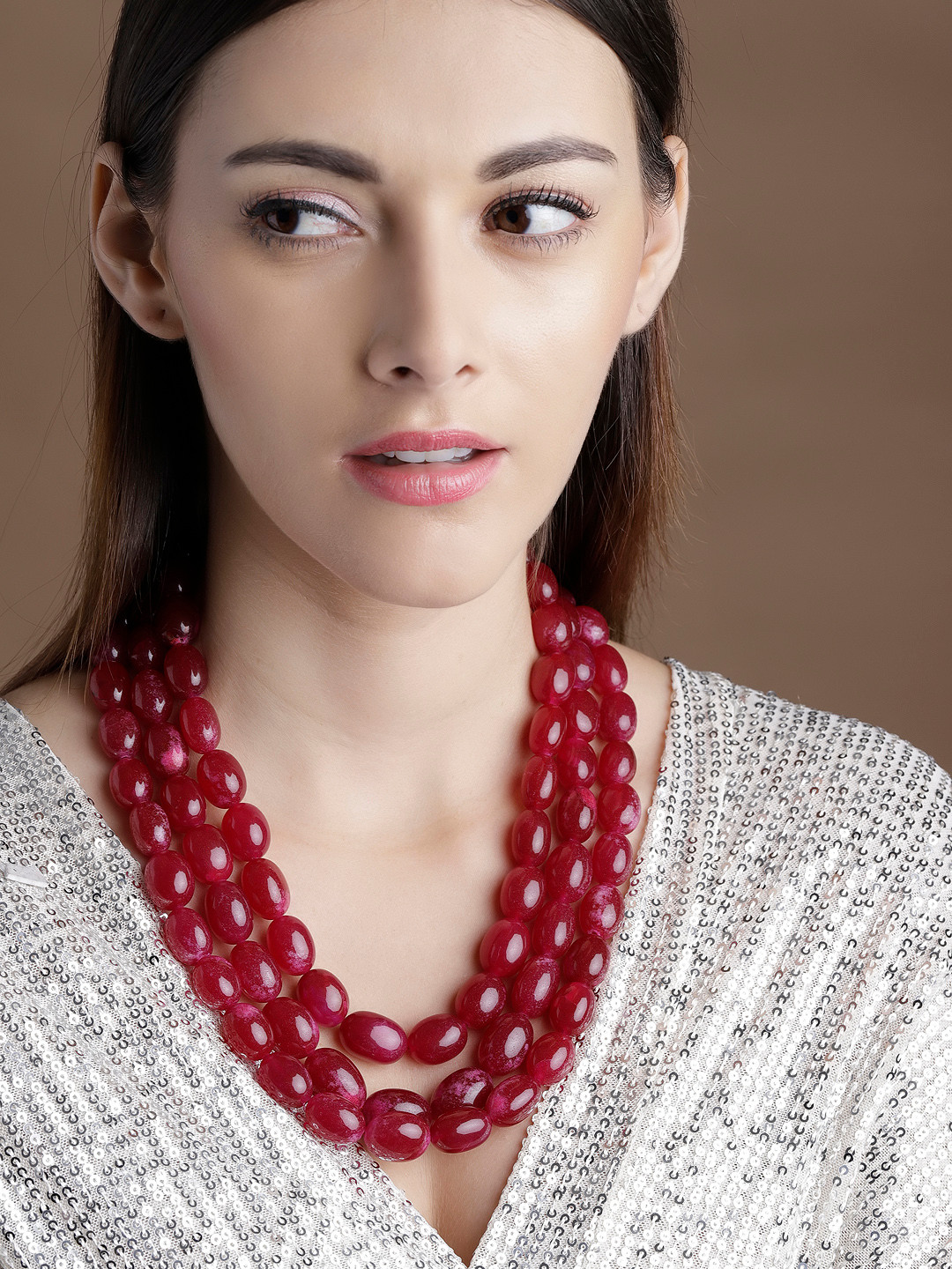 

Rubans Handcrafted Gemstone Multi Layered Necklace, Red