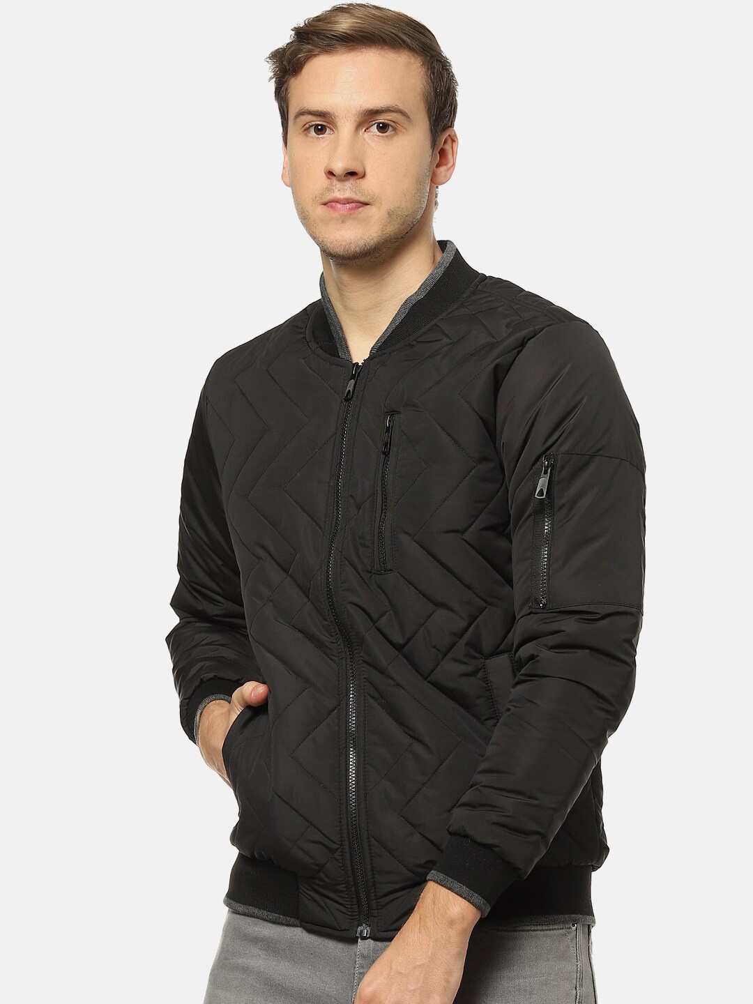 Campus Sutra Men Black Solid Windcheater Puffer Jacket