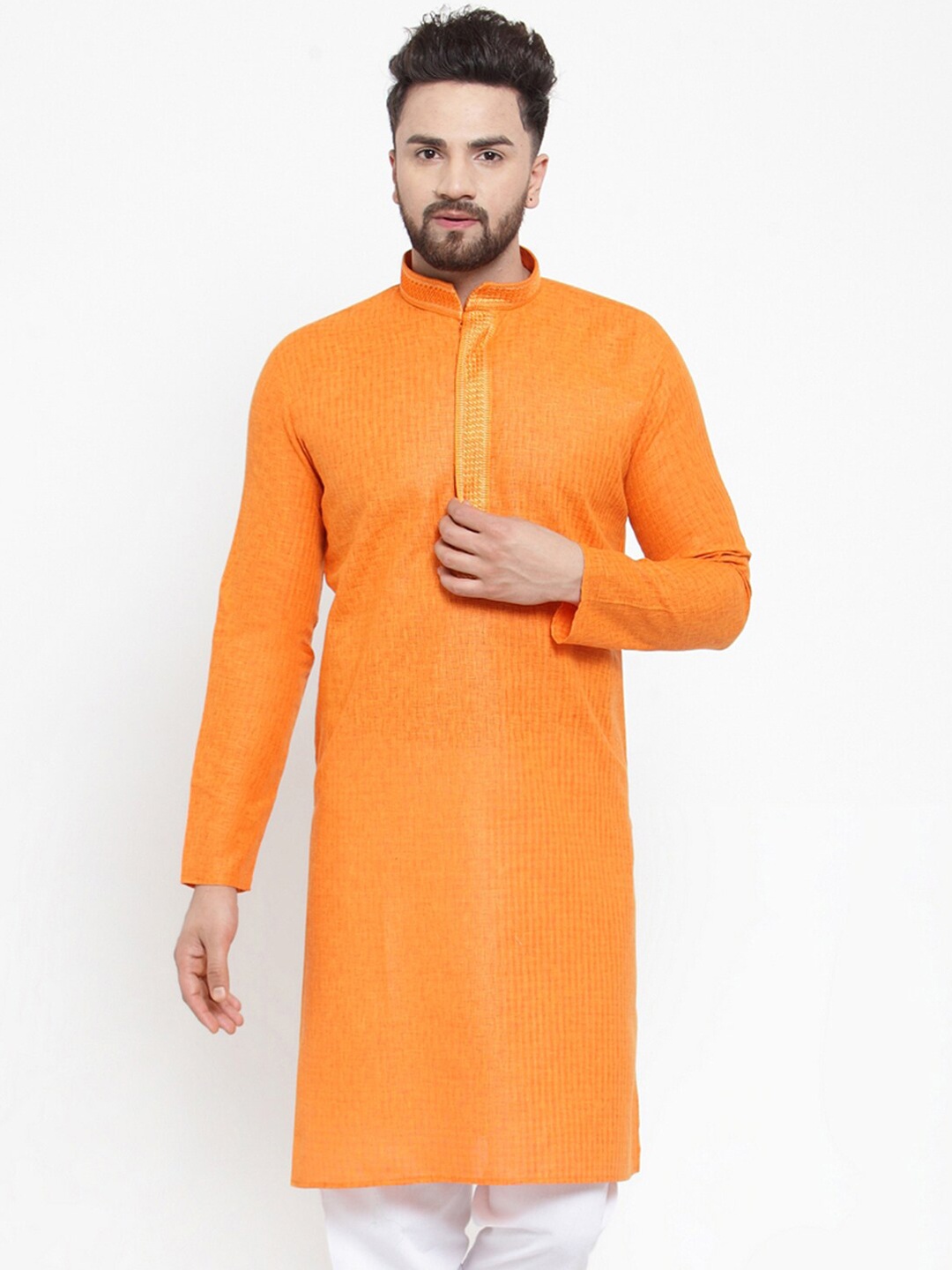 

Jompers Men Orange Woven Design Straight Kurta
