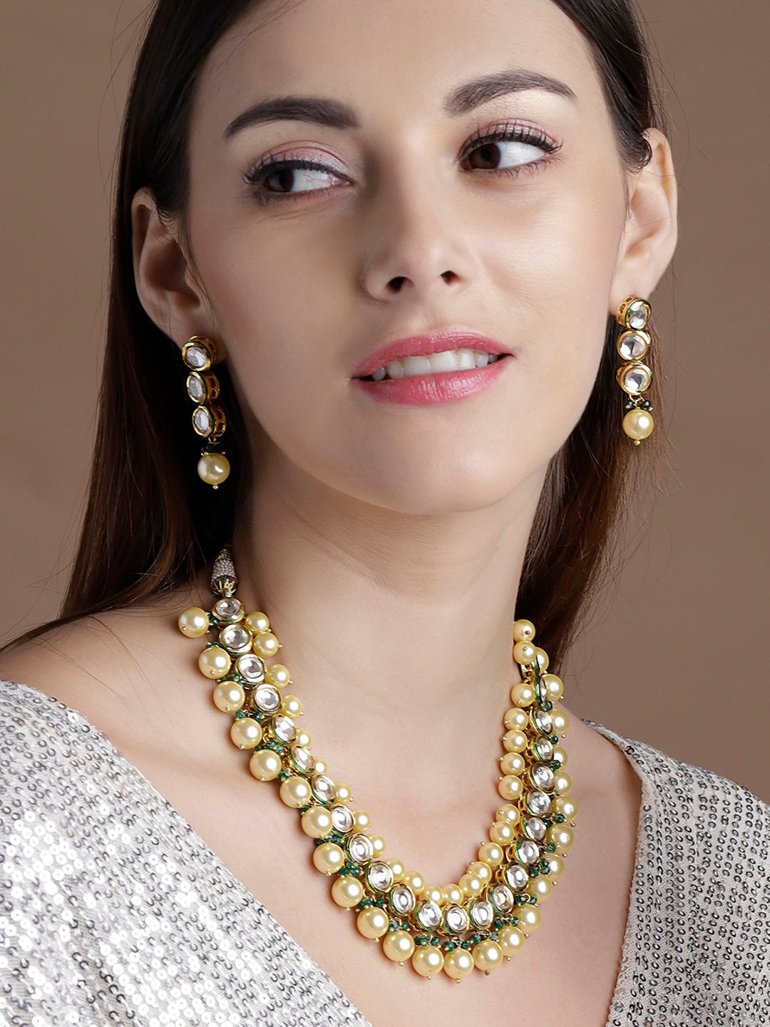 

Rubans Gold-Plated Off-White Kundan-Studded Pearls Handcrafted Jewellery Set
