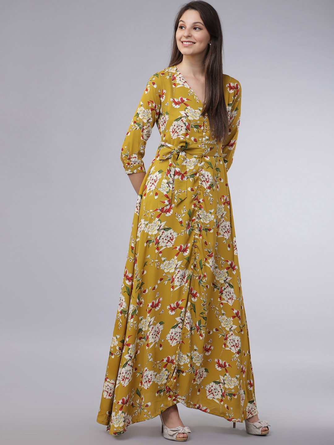 

Tokyo Talkies Women Mustard Yellow Floral Printed Maxi Dress