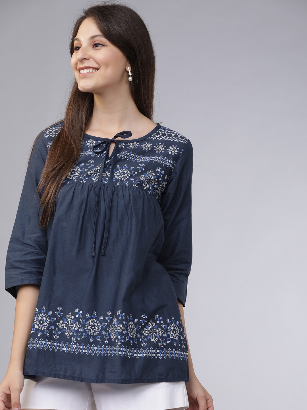 

Mumbai Slang Chic Women Navy Blue Printed A-Line Pure Cotton Top