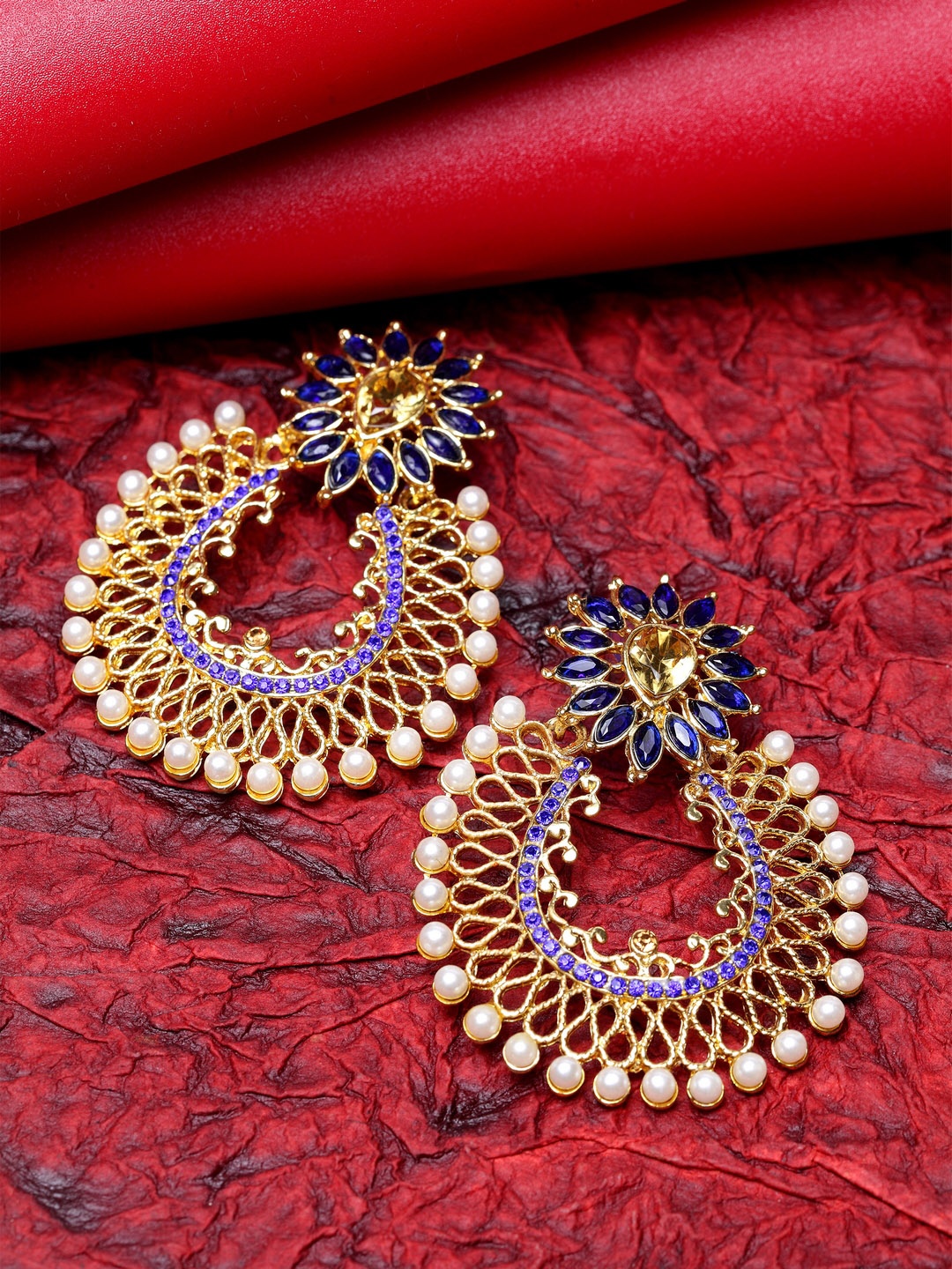 

ANIKAS CREATION Blue & Gold-Plated Studded Floral Drop Earrings