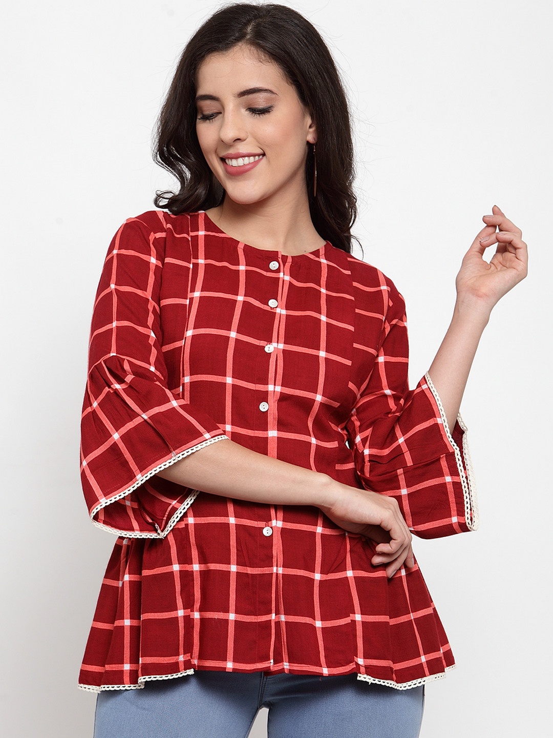 

Indibelle Women Maroon Checked Peplum Top