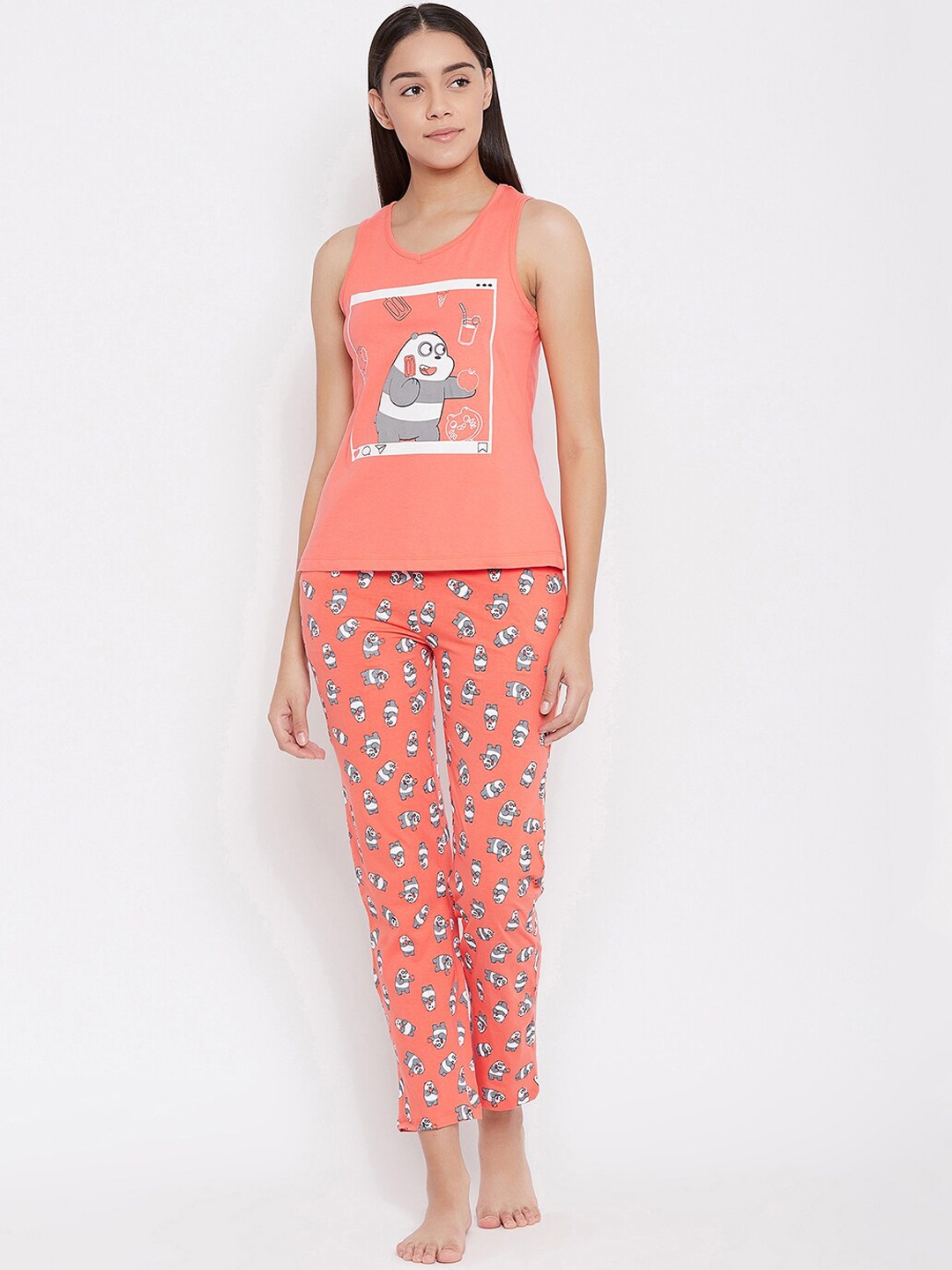 

Clovia Women Peach-Coloured Printed Night Suit