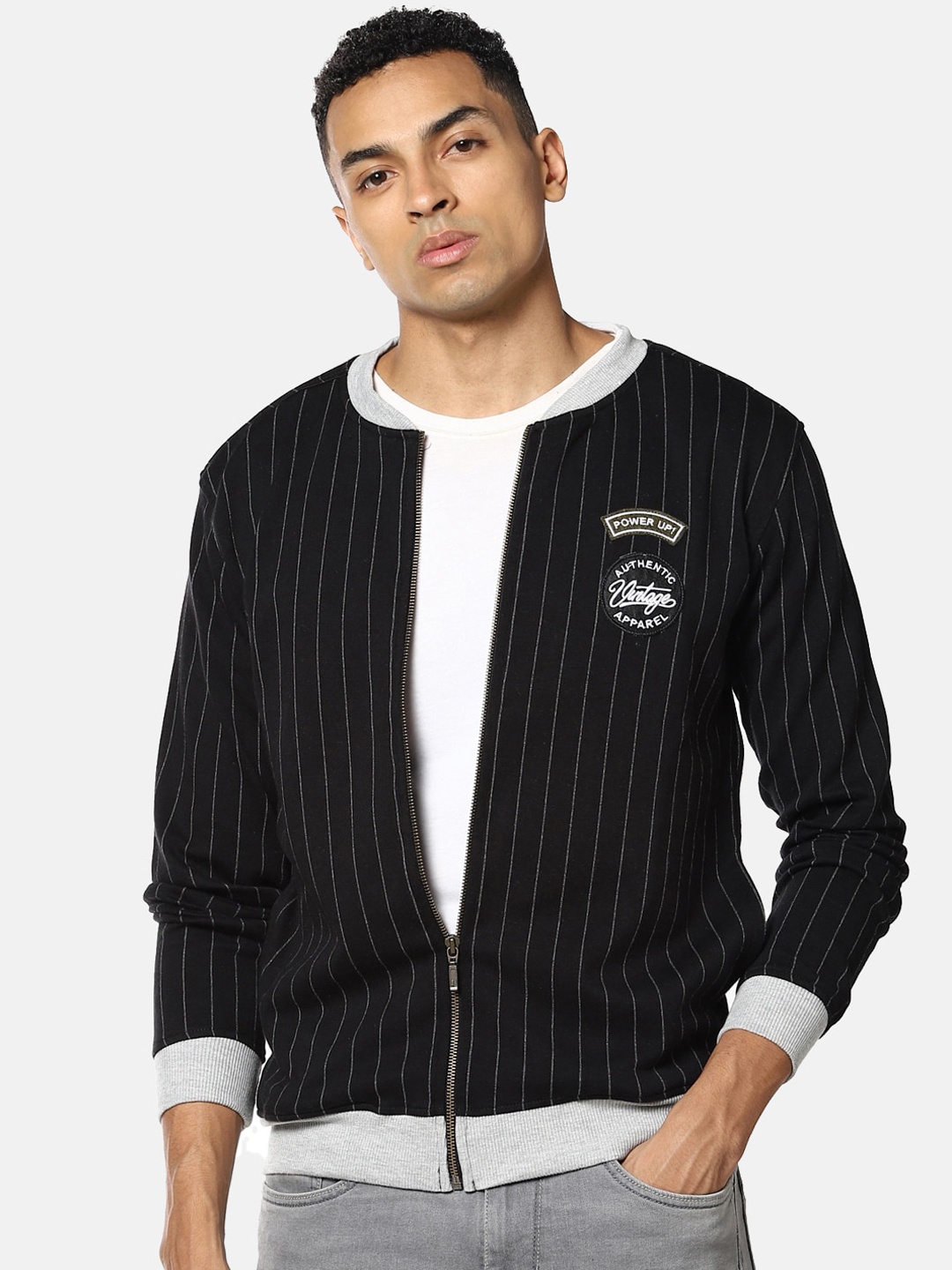 

Campus Sutra Men Black Striped Windcheater Bomber