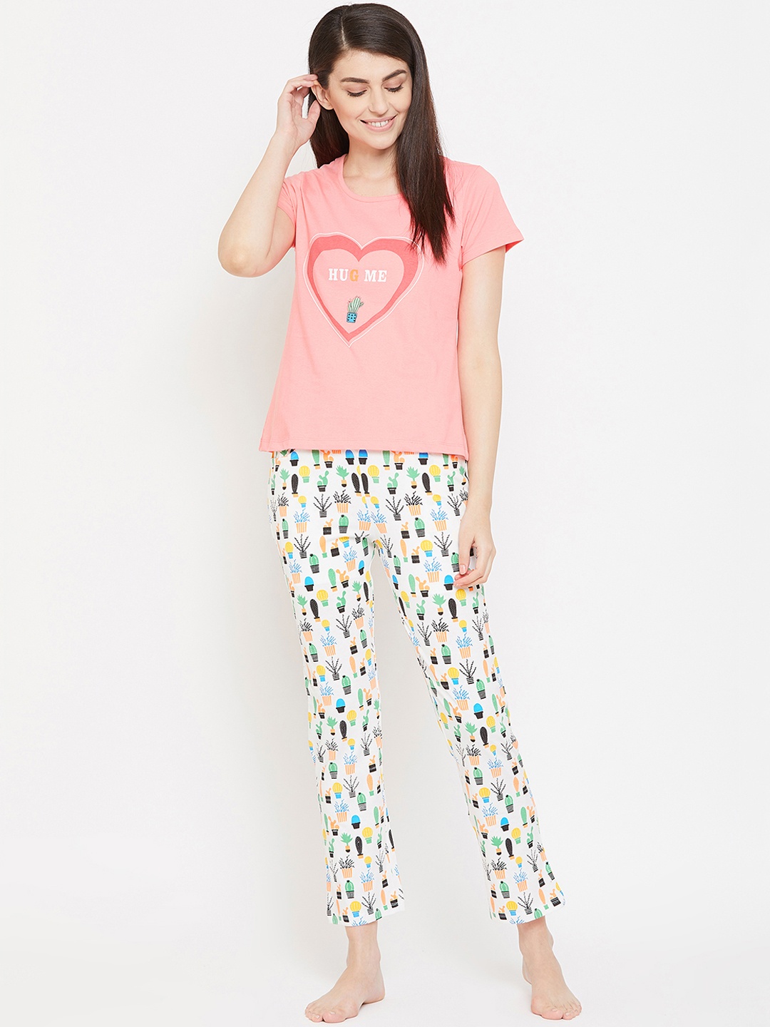 

Clovia Women Pink & White Printed Night suit