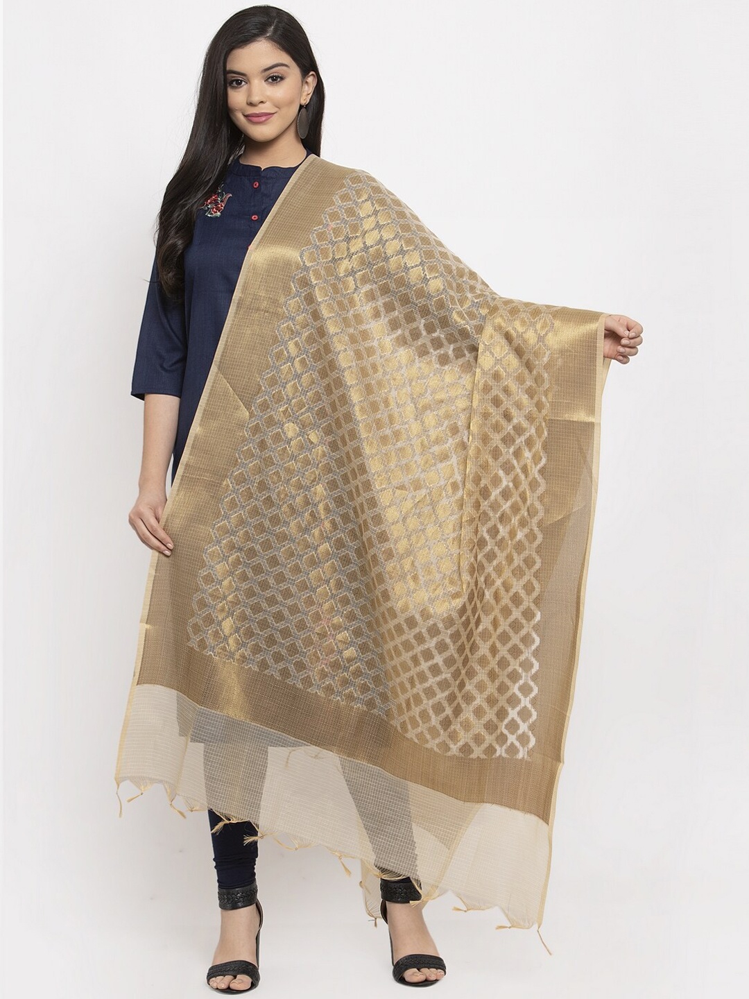 

LOOM LEGACY Gold-Toned Woven Design Banarsi Jacquard Dupatta