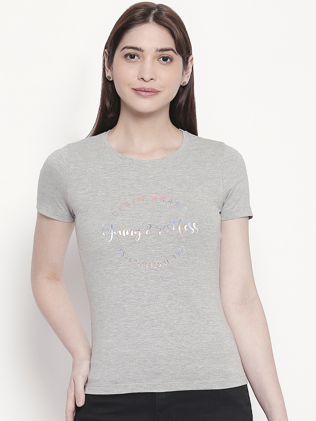 

SPYKAR Women Grey Printed Round Neck T-shirt