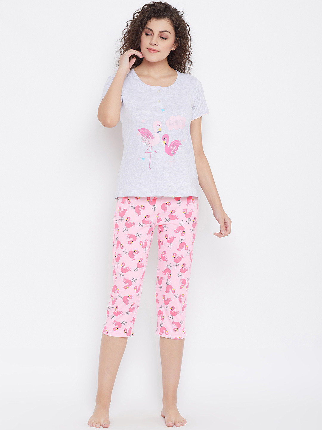 

Clovia Women Grey & Pink Printed Night suit