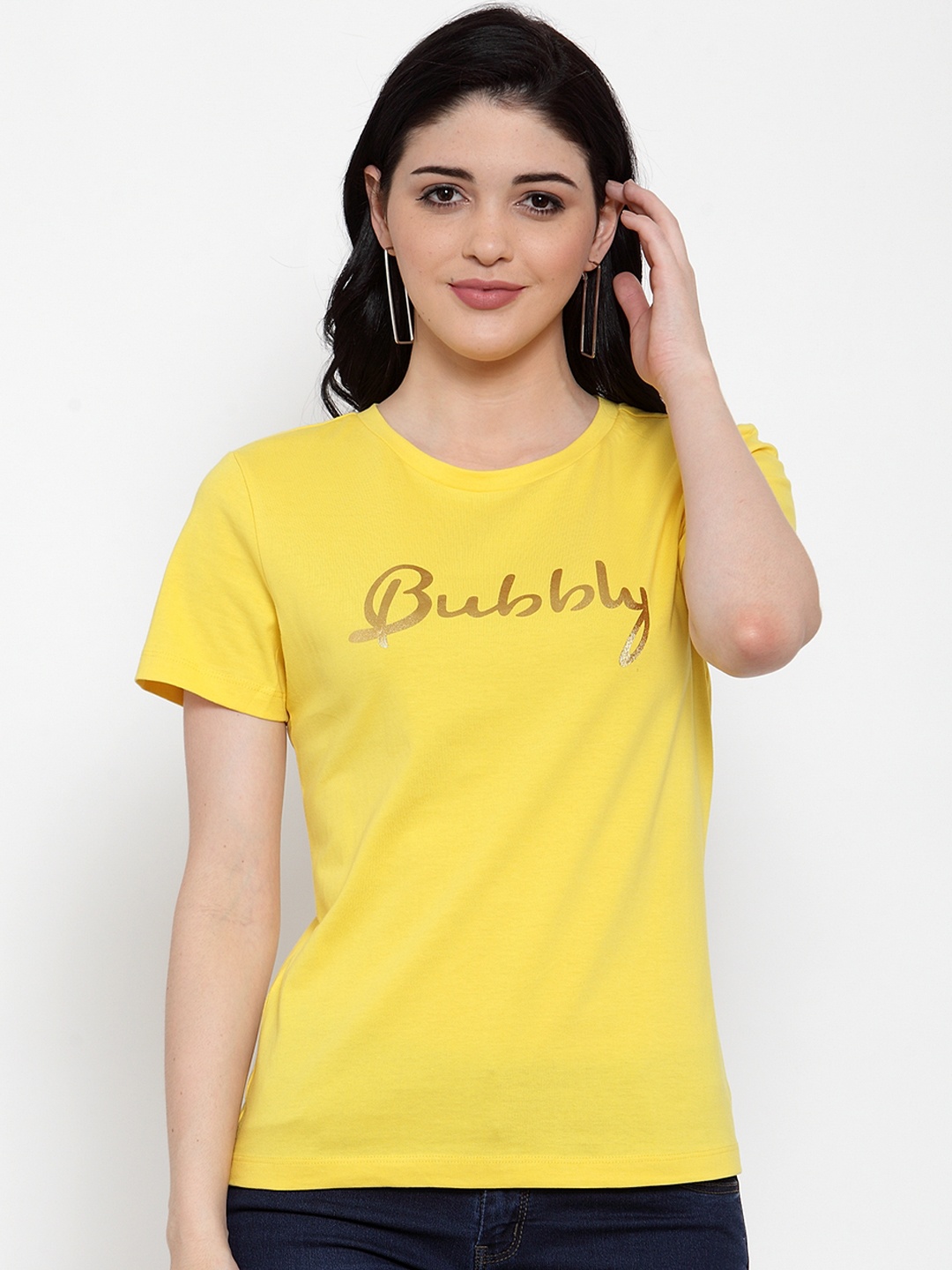 

DOOR74 Women Yellow Printed Round Neck T-shirt