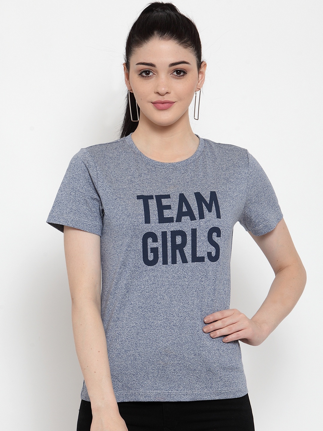 

DOOR74 Women Blue & Navy Blue Printed Round Neck T-shirt