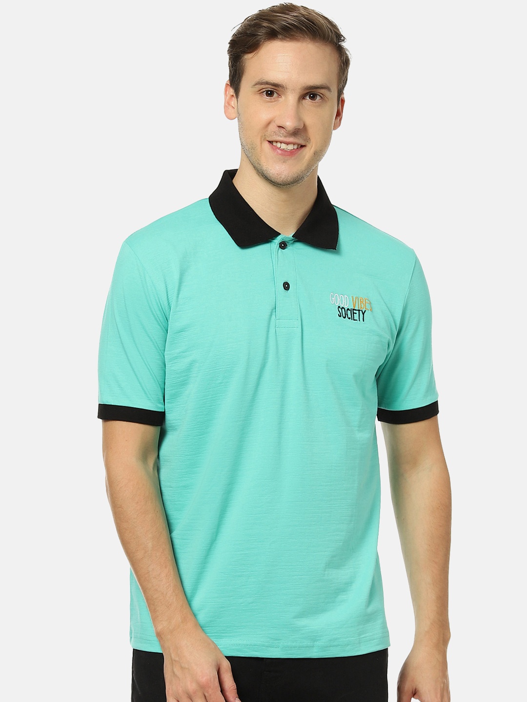 

Campus Sutra Men Turquoise Blue Solid Polo Collar T-shirt
