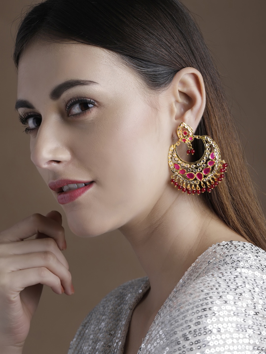 

Rubans 22K Gold-Plated & Maroon Crescent Shaped Handcrafted Drop Earrings