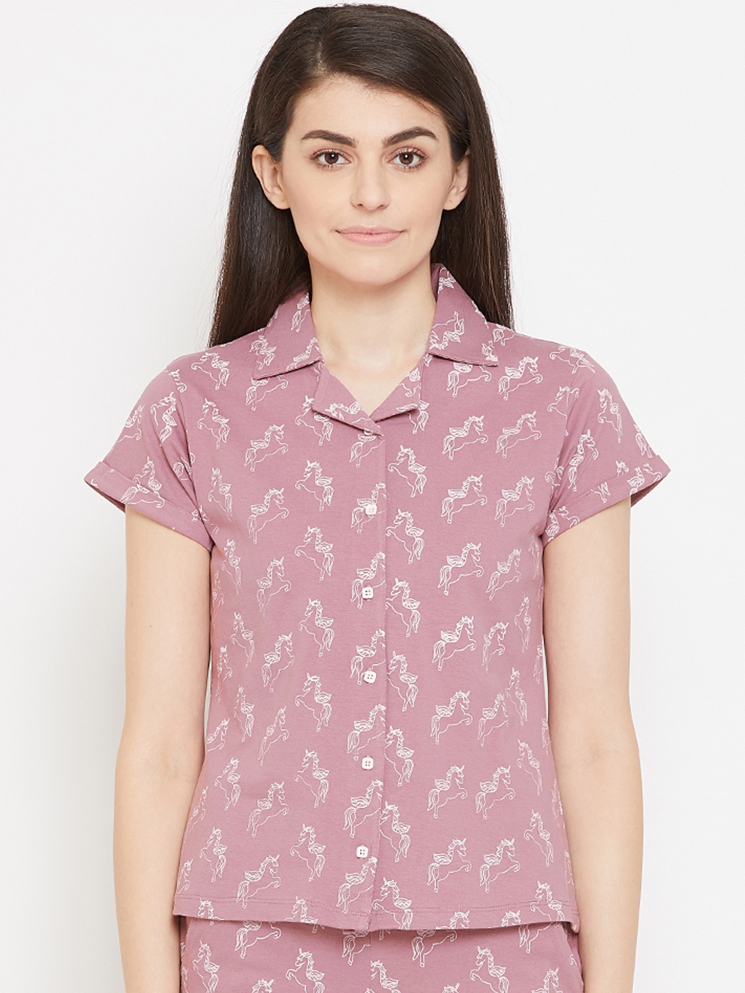 Clovia Women Pink & White Printed Night Suit