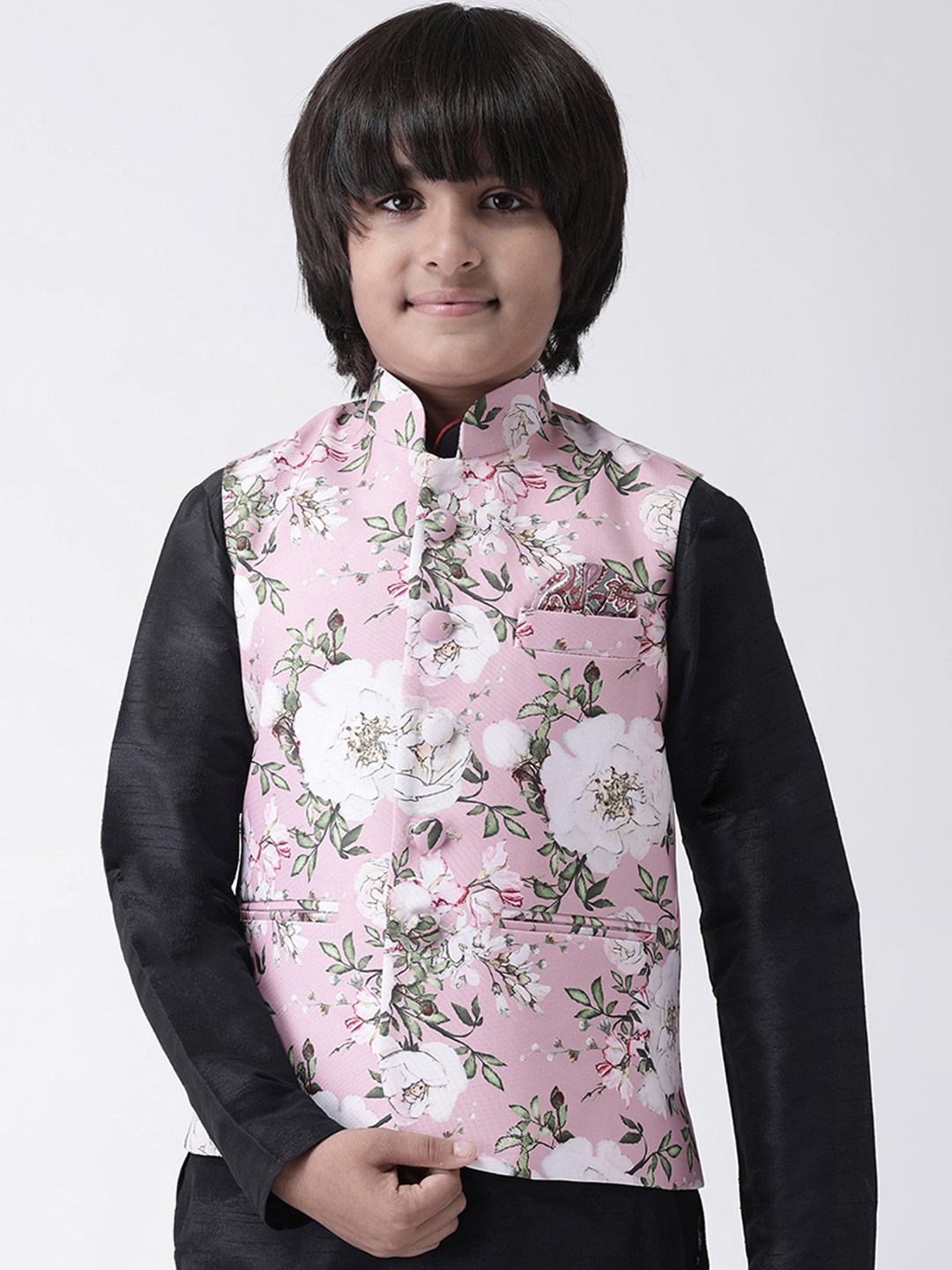 

Hangup Boys Pink & White Floral Printed Nehru Jacket