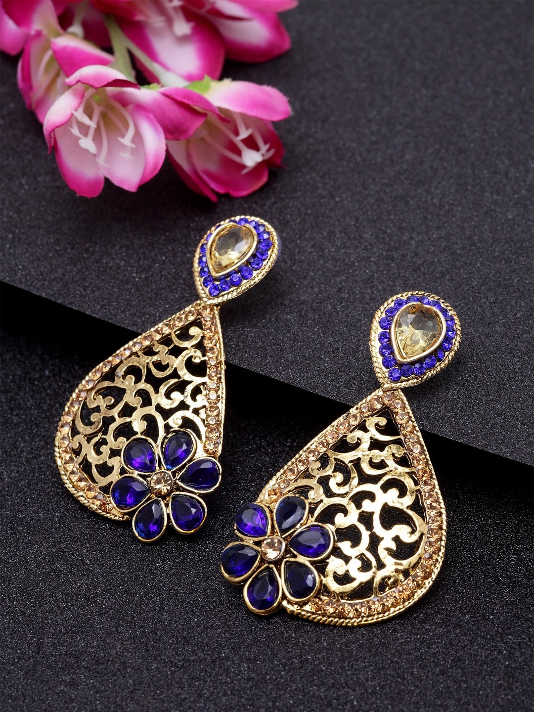 

ANIKAS CREATION Blue & Gold Classic Drop Earrings