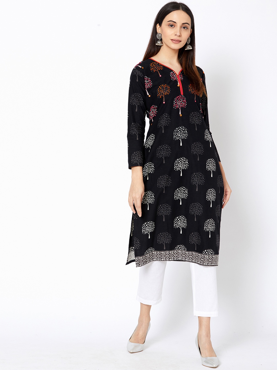 

FASHOR Women Black & White Printed Straight Kurta