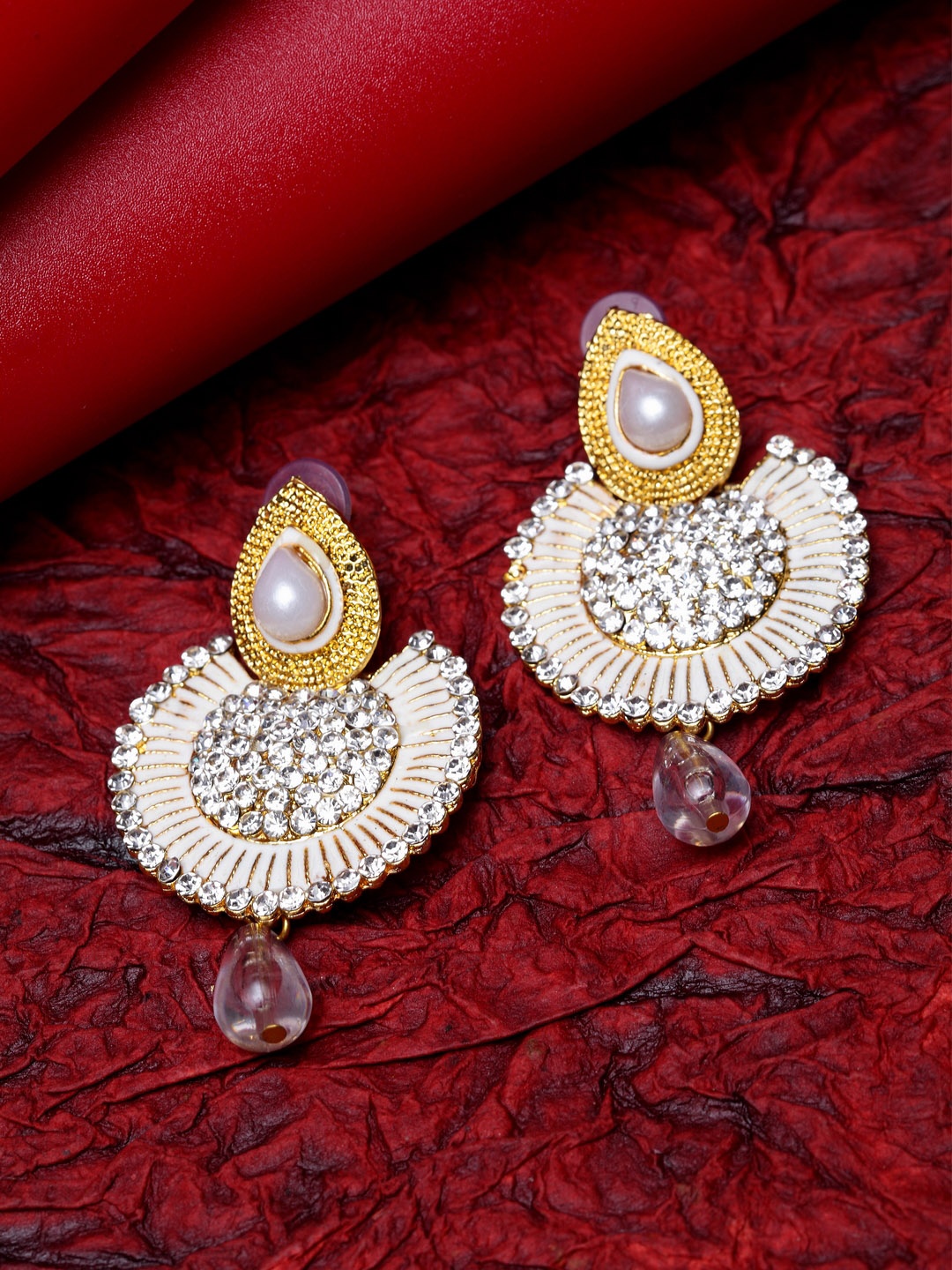 

ANIKAS CREATION White & Gold Crescent Shaped Chandbalis