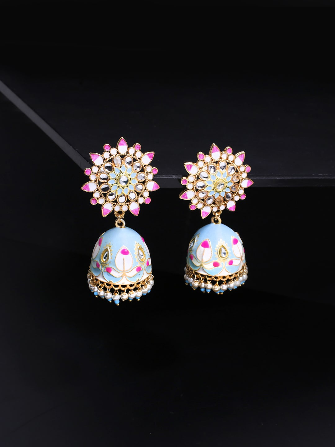 

Yellow Chimes Woman Gold-Plated Meenakari Dome Jhumkas Earring, Blue