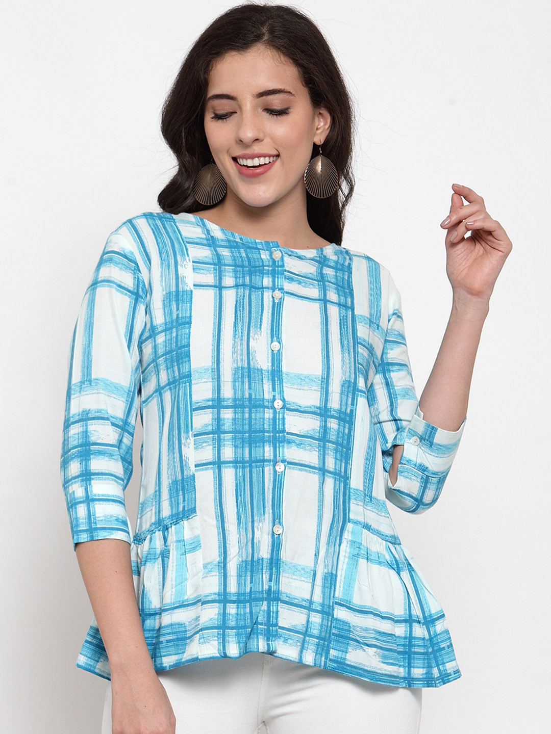 

Indibelle Women Blue & White Checked Peplum Top