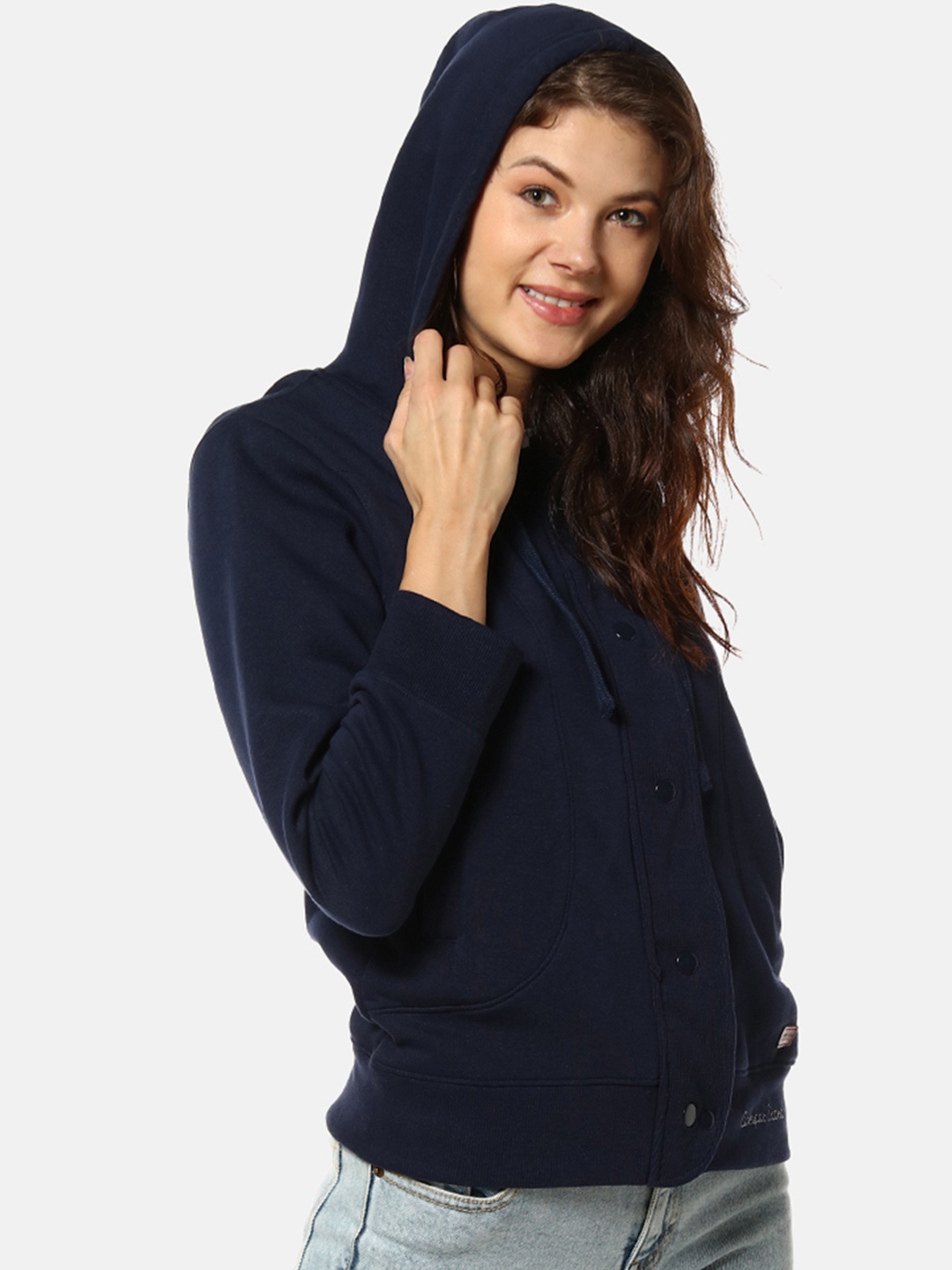 

Campus Sutra Women Navy Blue Solid Hooded Sweatshirt