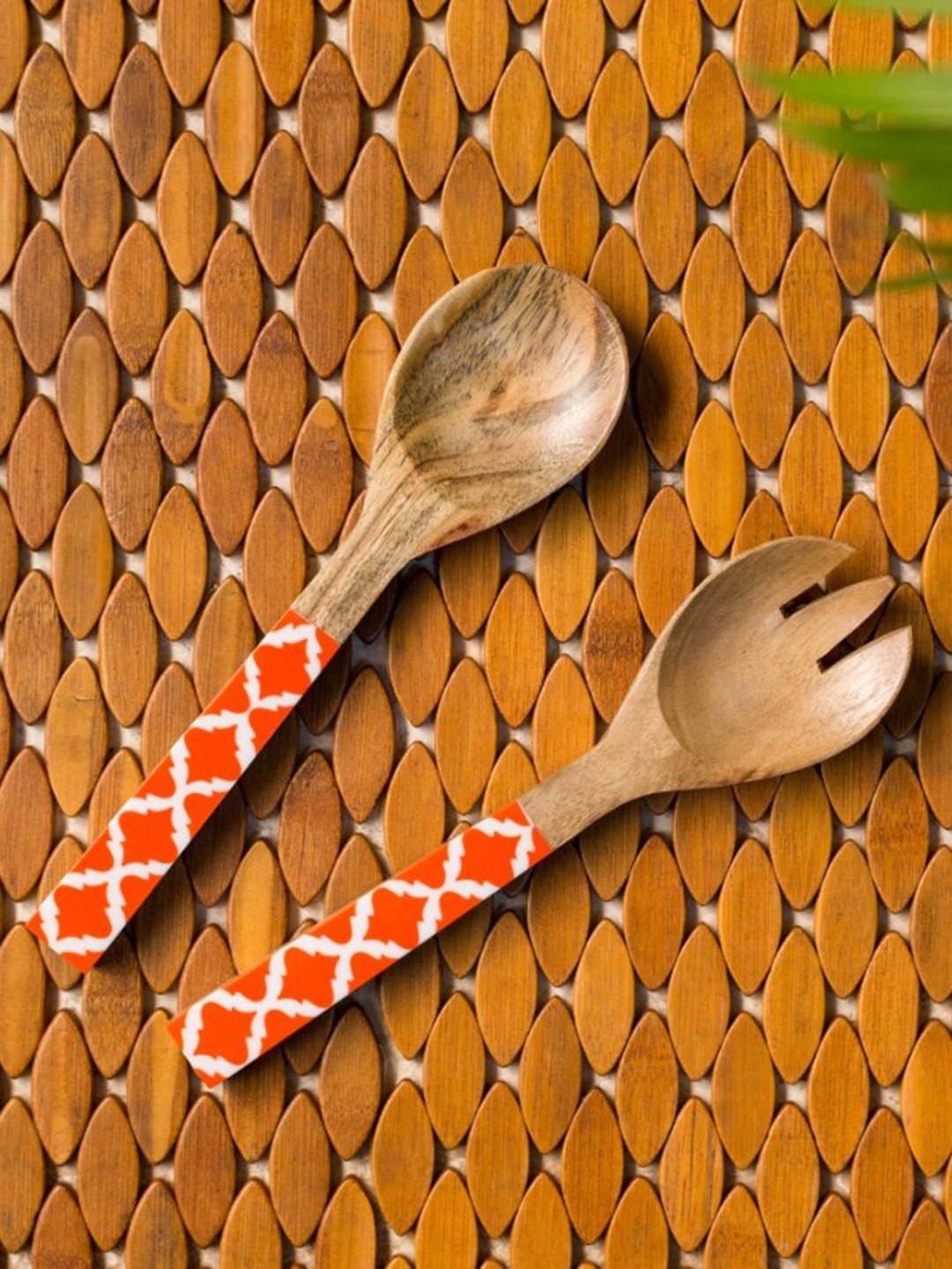 

ExclusiveLane Brown & Orange Moroccan Pack Hand-Painted Wooden Serving Spoon & Fork