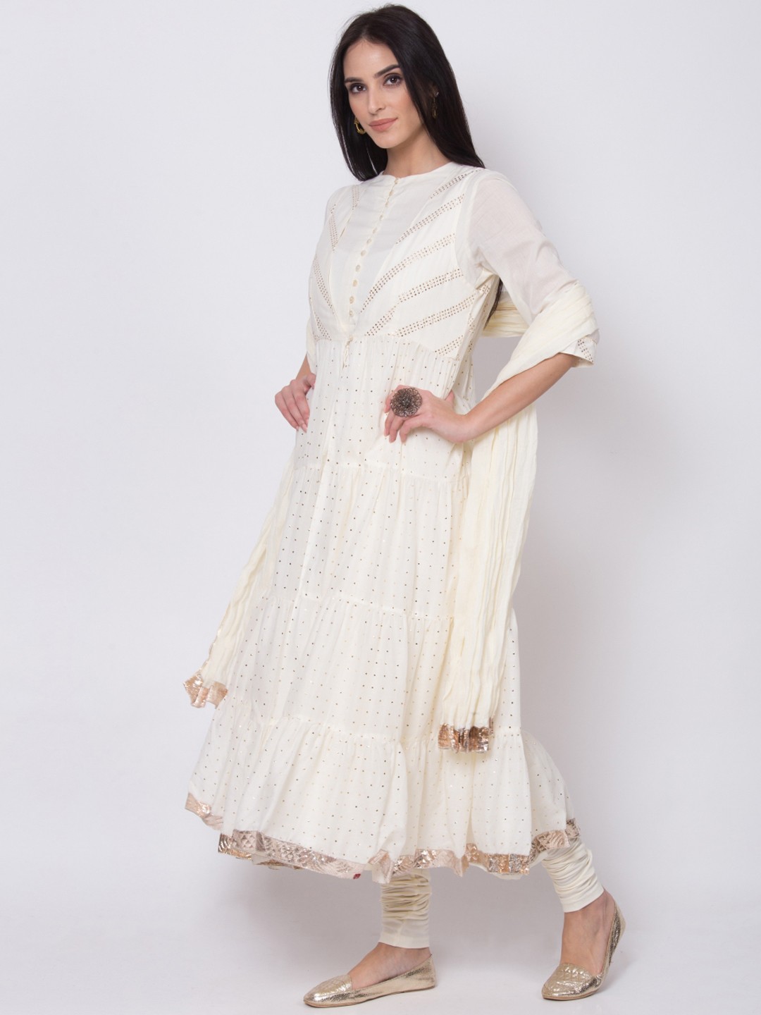

Biba Women Off-White Printed Front Slit Kurta with Churidar & Dupatta