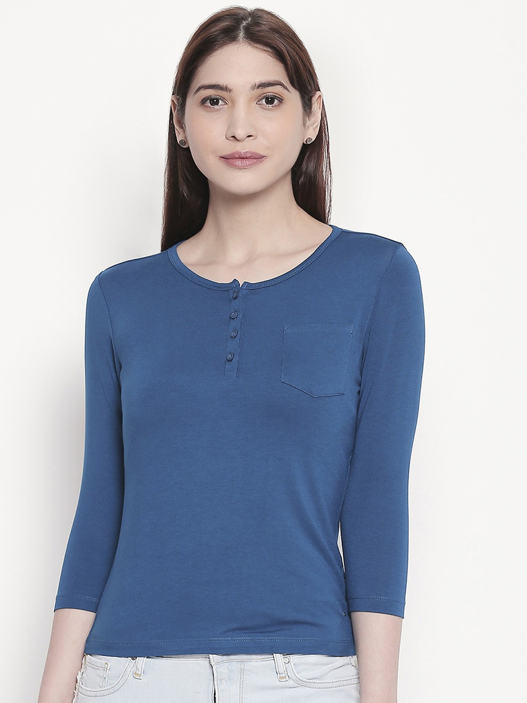 

SPYKAR Women Blue Solid Henley Neck T-shirt