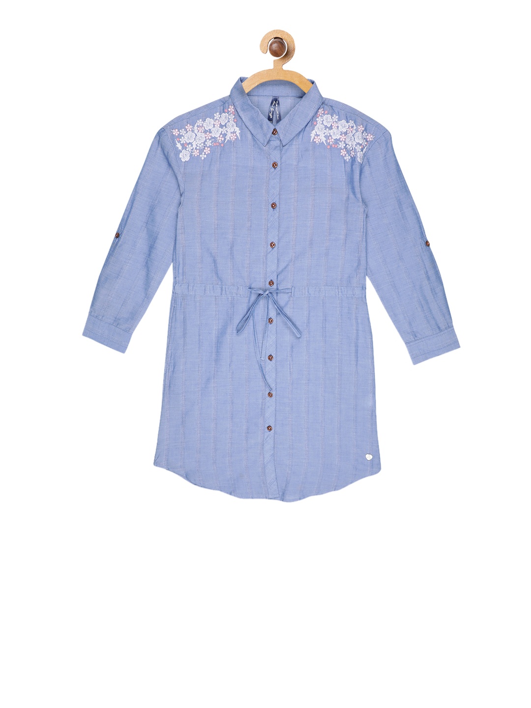 Blue Giraffe Girls Blue & White Embroidered Shirt Dress
