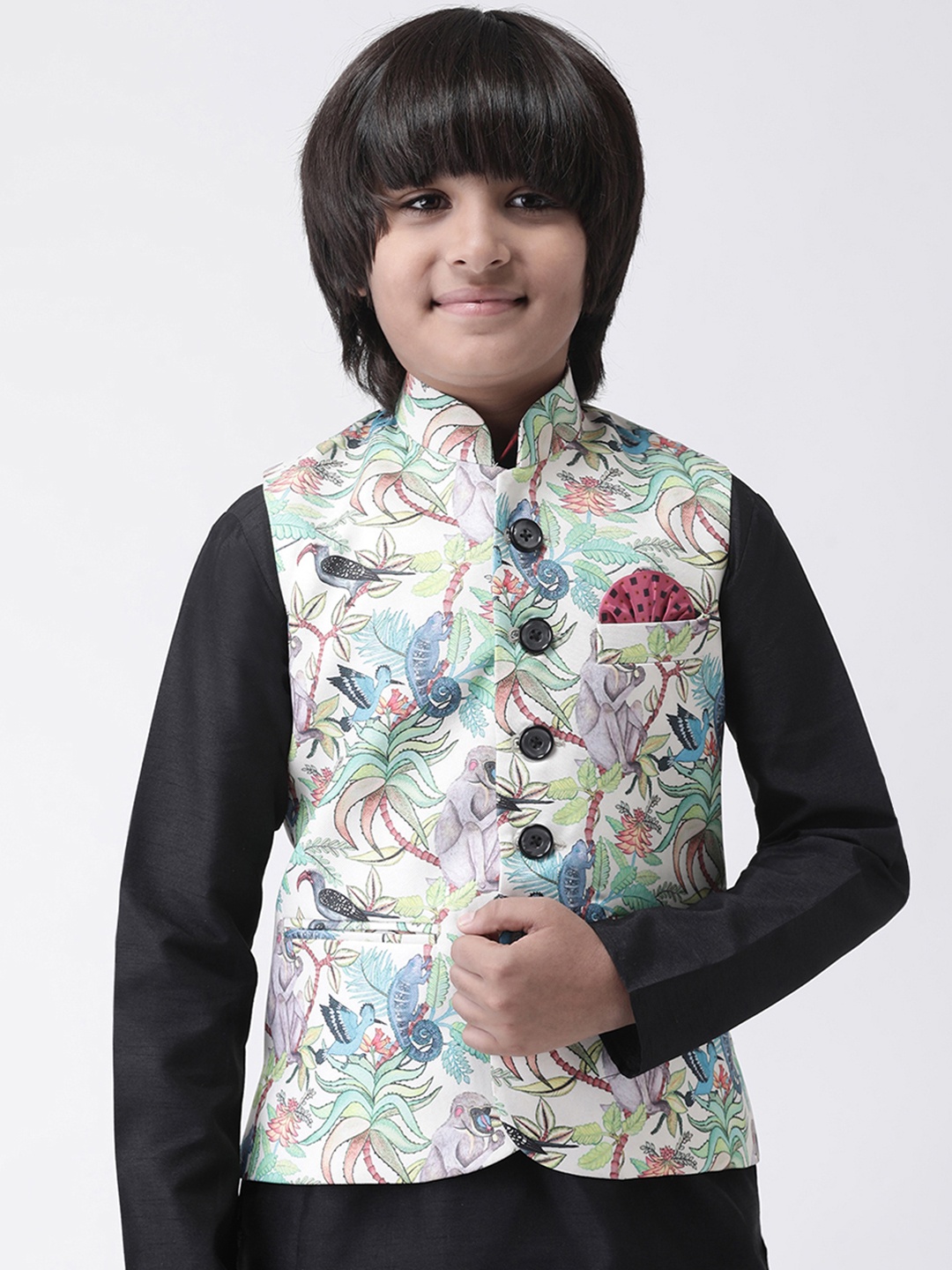 

Hangup Boys White & Pink Printed Nehru Jacket
