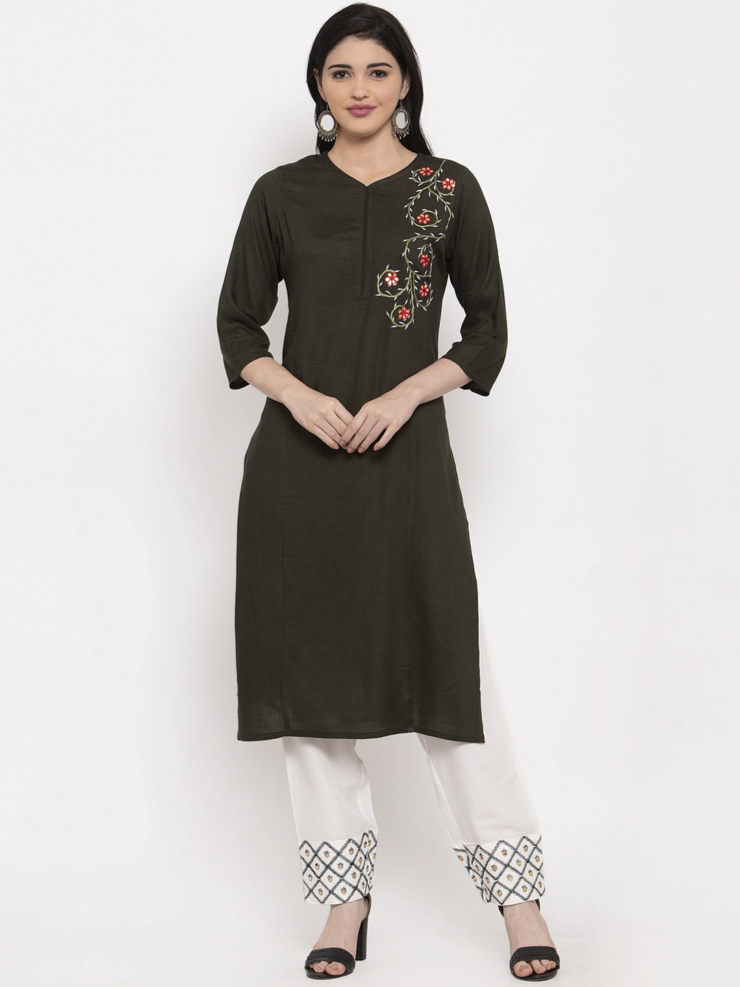 

ANAISA Women Olive Green & White Embroidered Kurta with Palazzos
