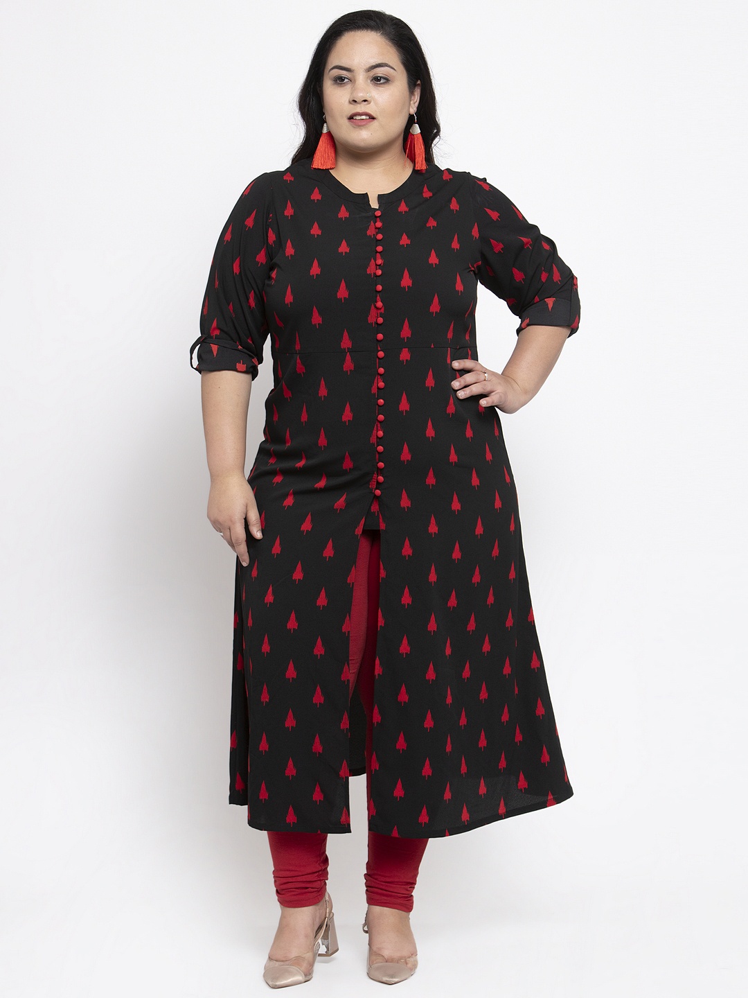 

plusS Women Black & Red Printed A-Line Kurta