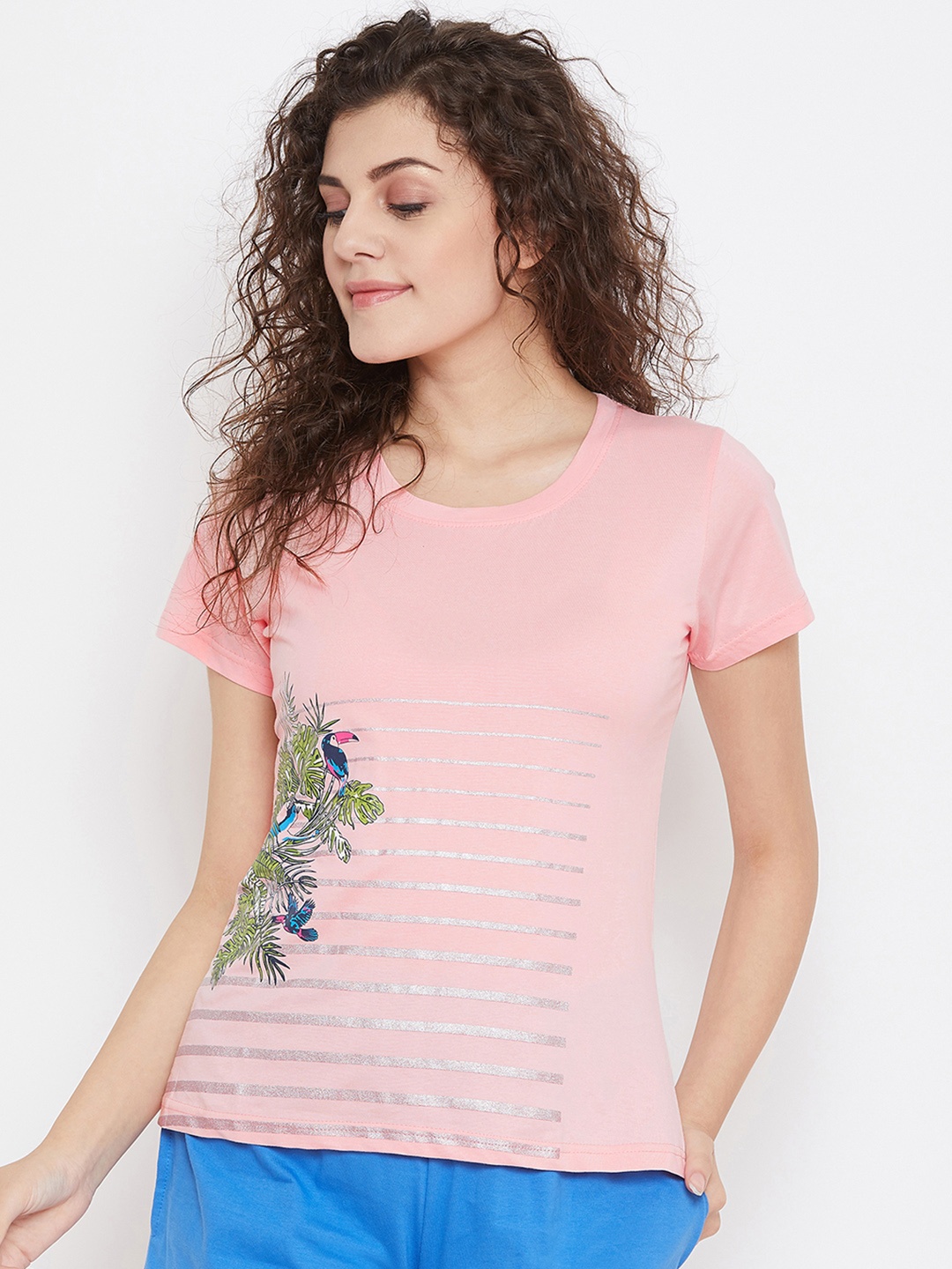 Clovia Women Pink & Green Printed Lounge T-shirt