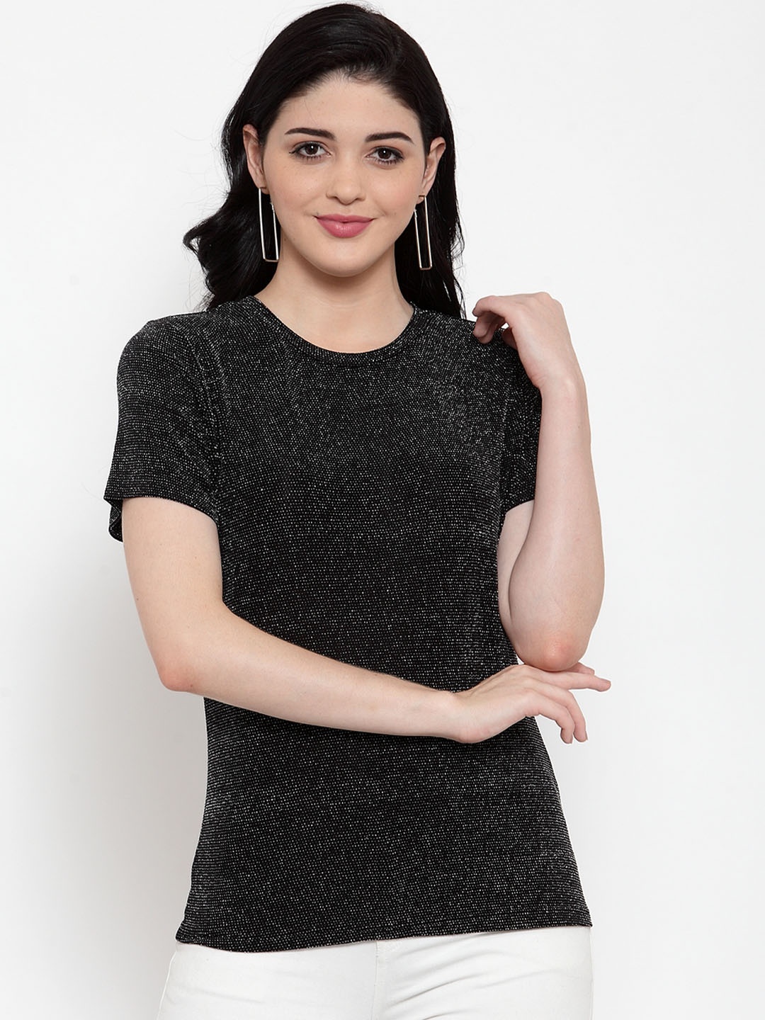 

DOOR74 Women Black Printed Round Neck T-shirt