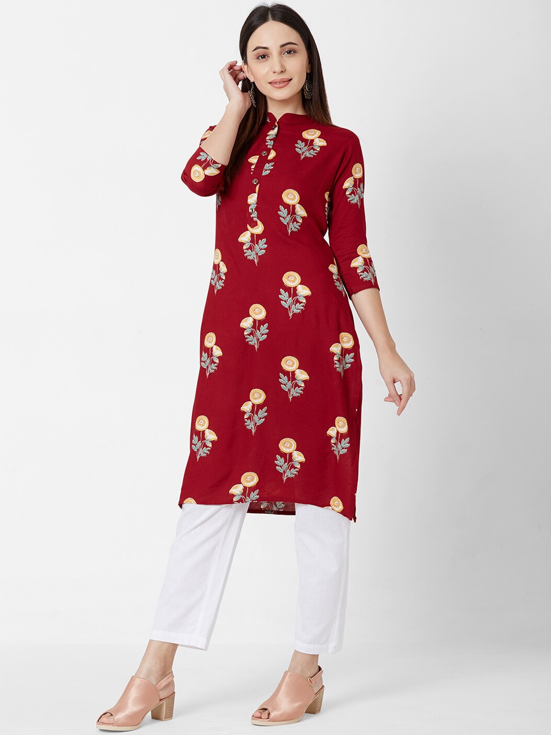 

FASHOR Women Red Floral Printed Straight Kurta