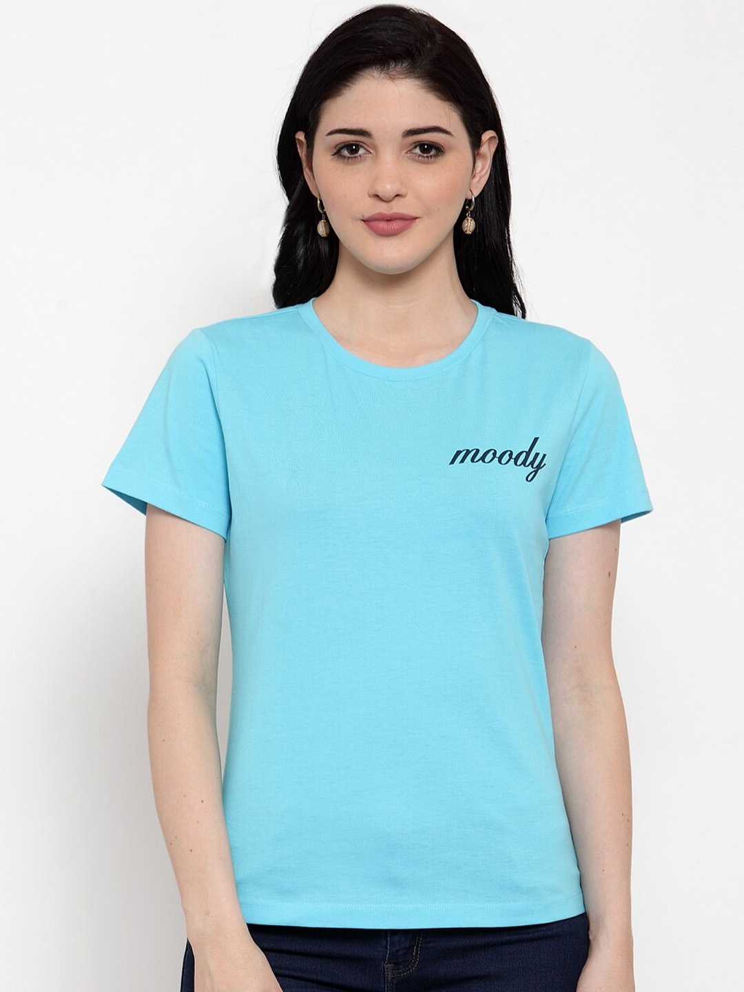 

DOOR74 Women Turquoise Blue Solid Round Neck T-shirt