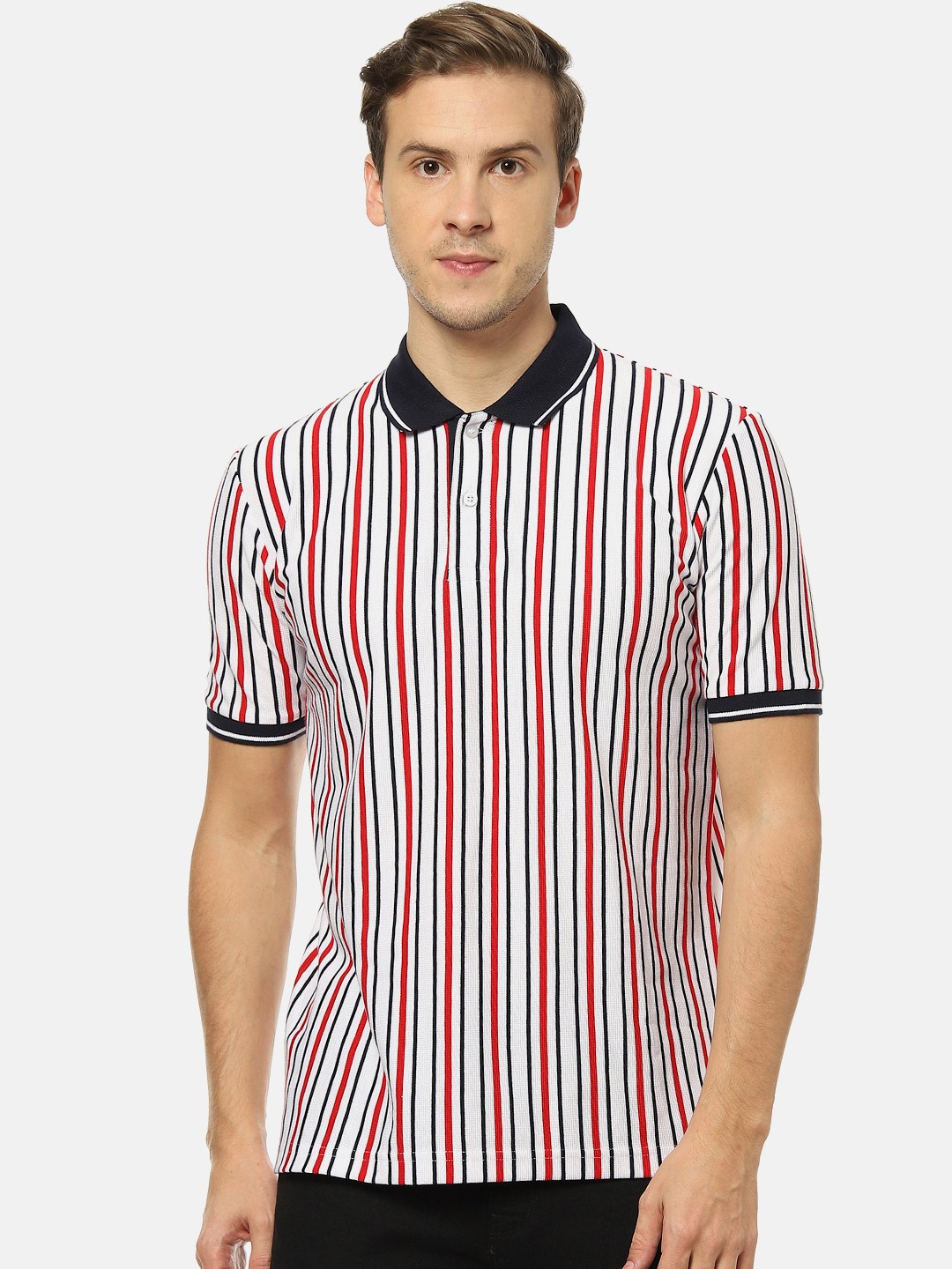 

Campus Sutra Men White & Black Striped Polo Collar T-shirt