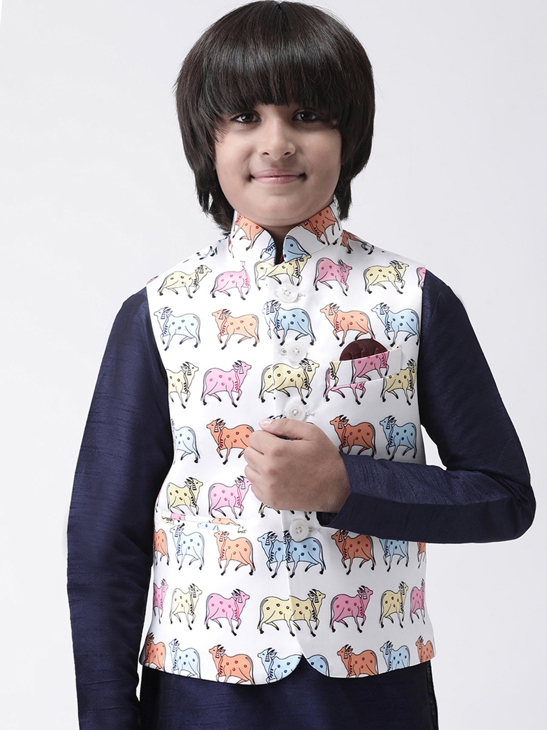 Hangup Boys White & Blue Printed Nehru Jacket