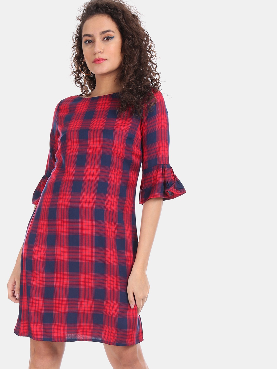

Bronz Women Red & Blue Checked A-Line Dress