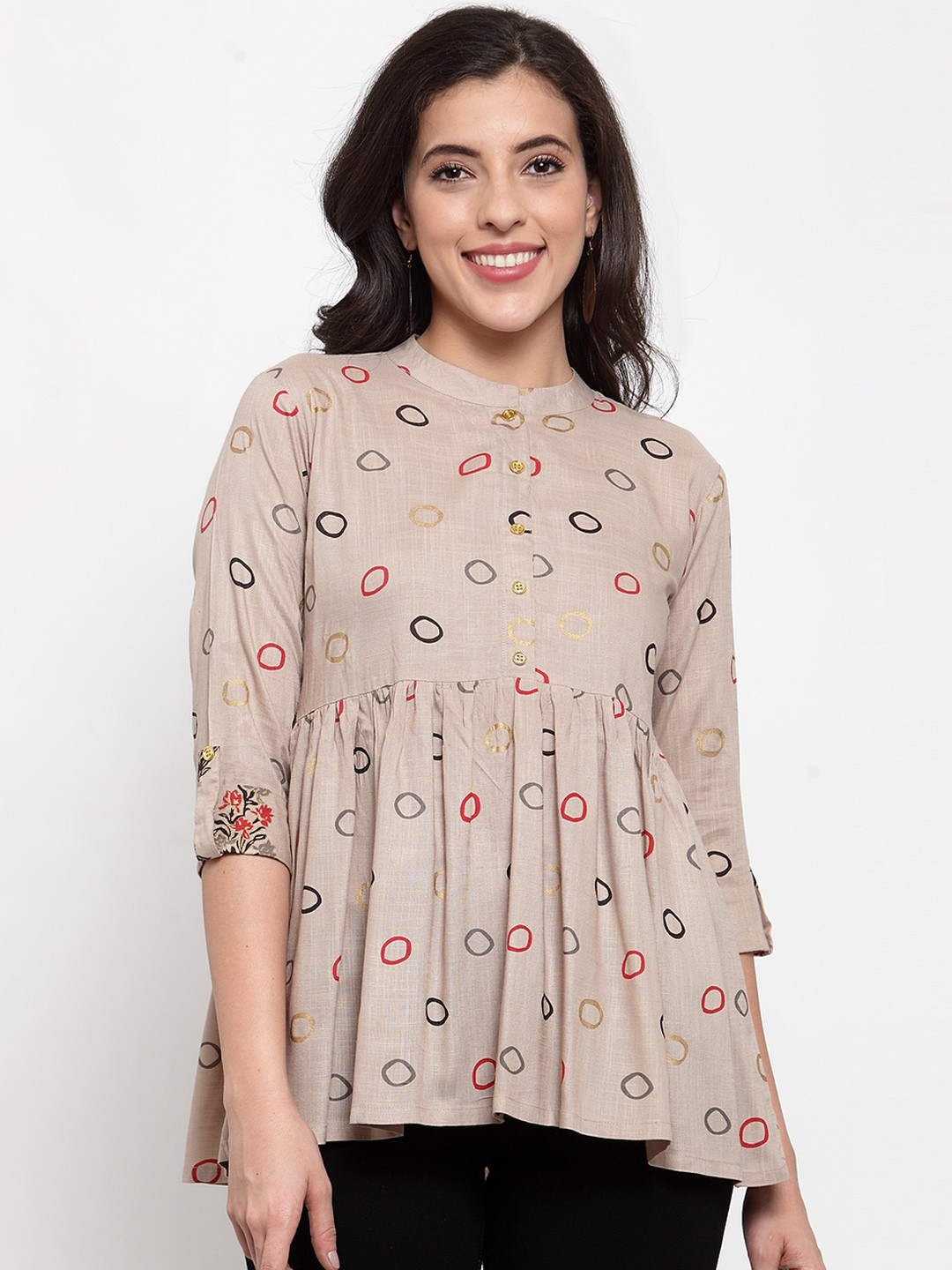 

Indibelle Women Beige Polka Dot Printed Empire Top