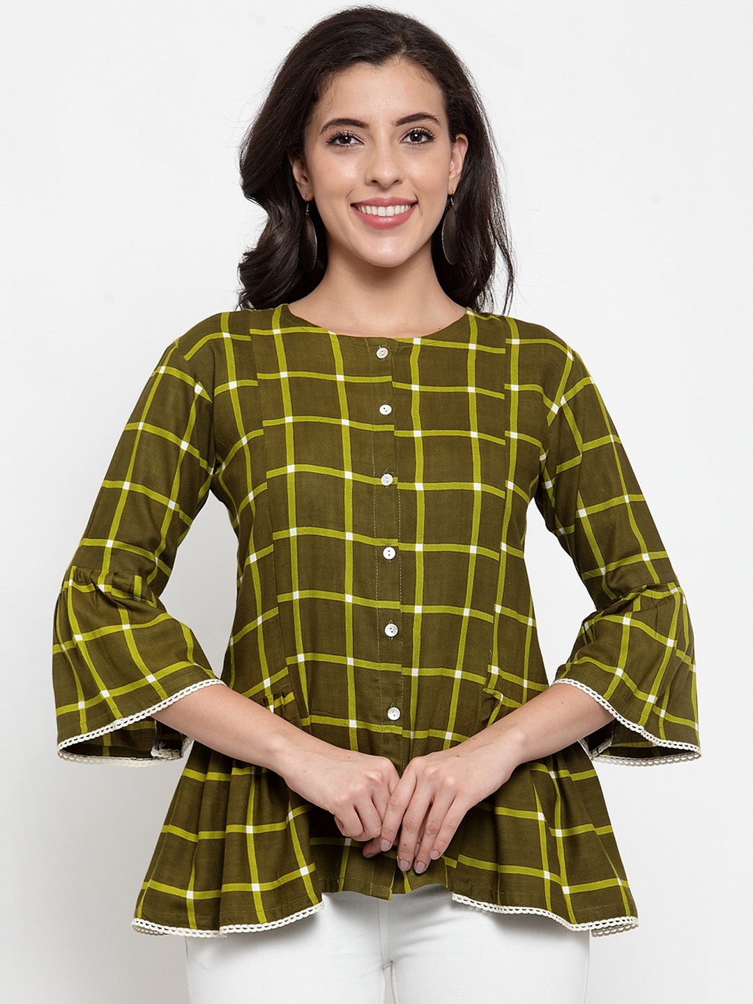 Indibelle Women Green Checked Peplum Top