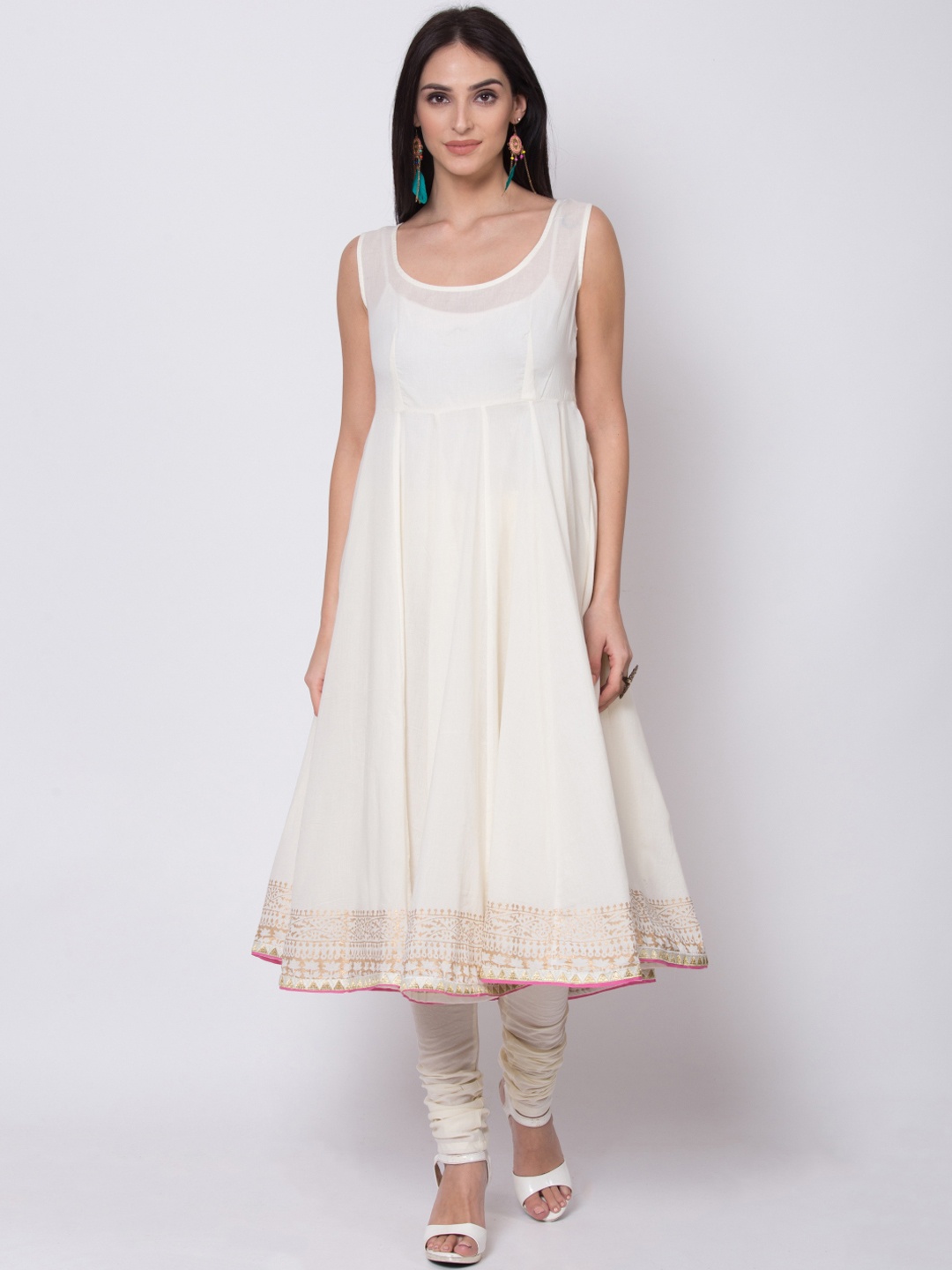 

Biba Women Off-White & Blue Printed Kurta with Churidar