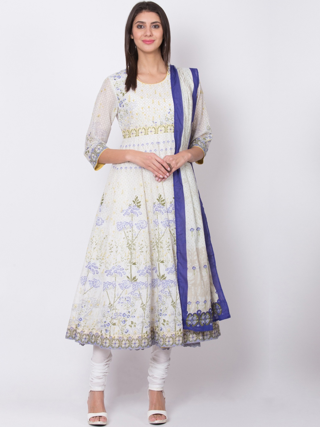 

Biba Women Off-White Printed Kurta with Churidar & Dupatta
