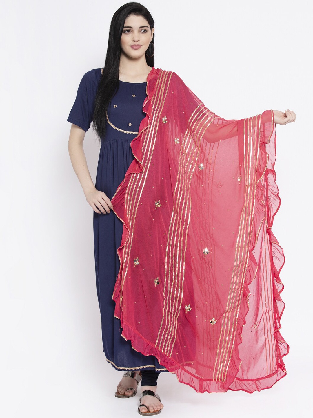 

studio rasa Coral Pink & Gold-Coloured Striped Dupatta