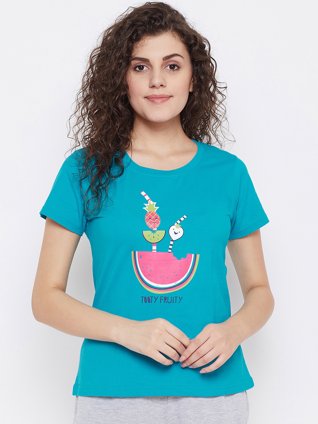 

Clovia Women Teal Green & Pink Printed Lounge T-shirt