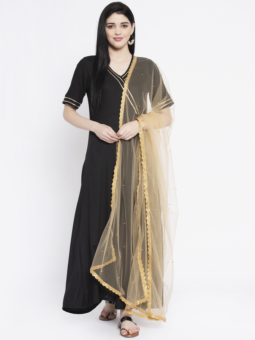 

studio rasa Women Beige Embroidered & Pearl Embellished Dupatta