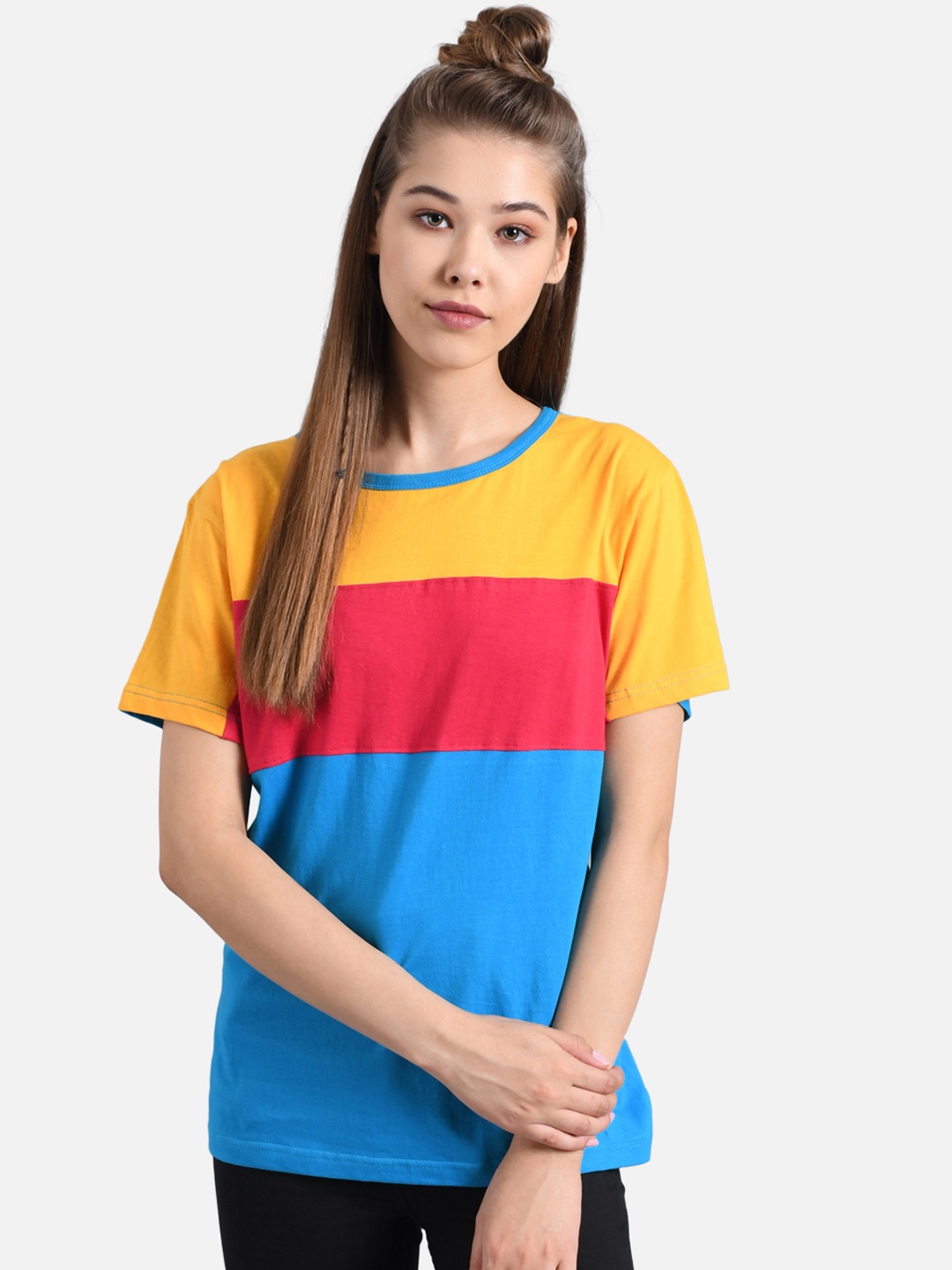 

Kotty Women Blue & Yellow Colourblocked Round Neck T-shirt