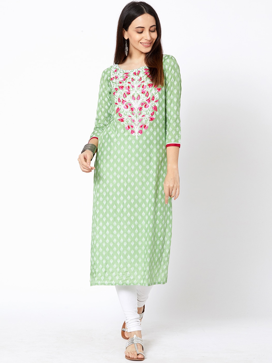 

FASHOR Women Green & Pink Embroidered Straight Kurta