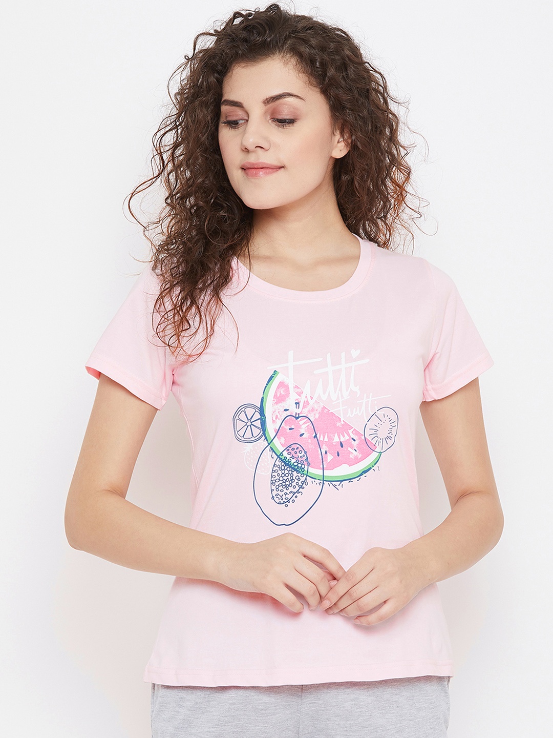 

Clovia Women Pink & Green Fruit Printed Lounge T-shirt